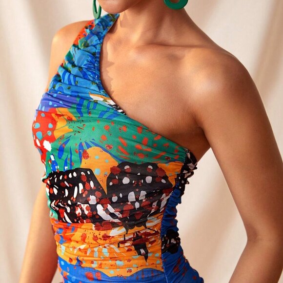 Multicolor Elegant Women's Sexy Sheer Mesh Printed One Shoulder Sleeveless Dress - Picture 4 of 7